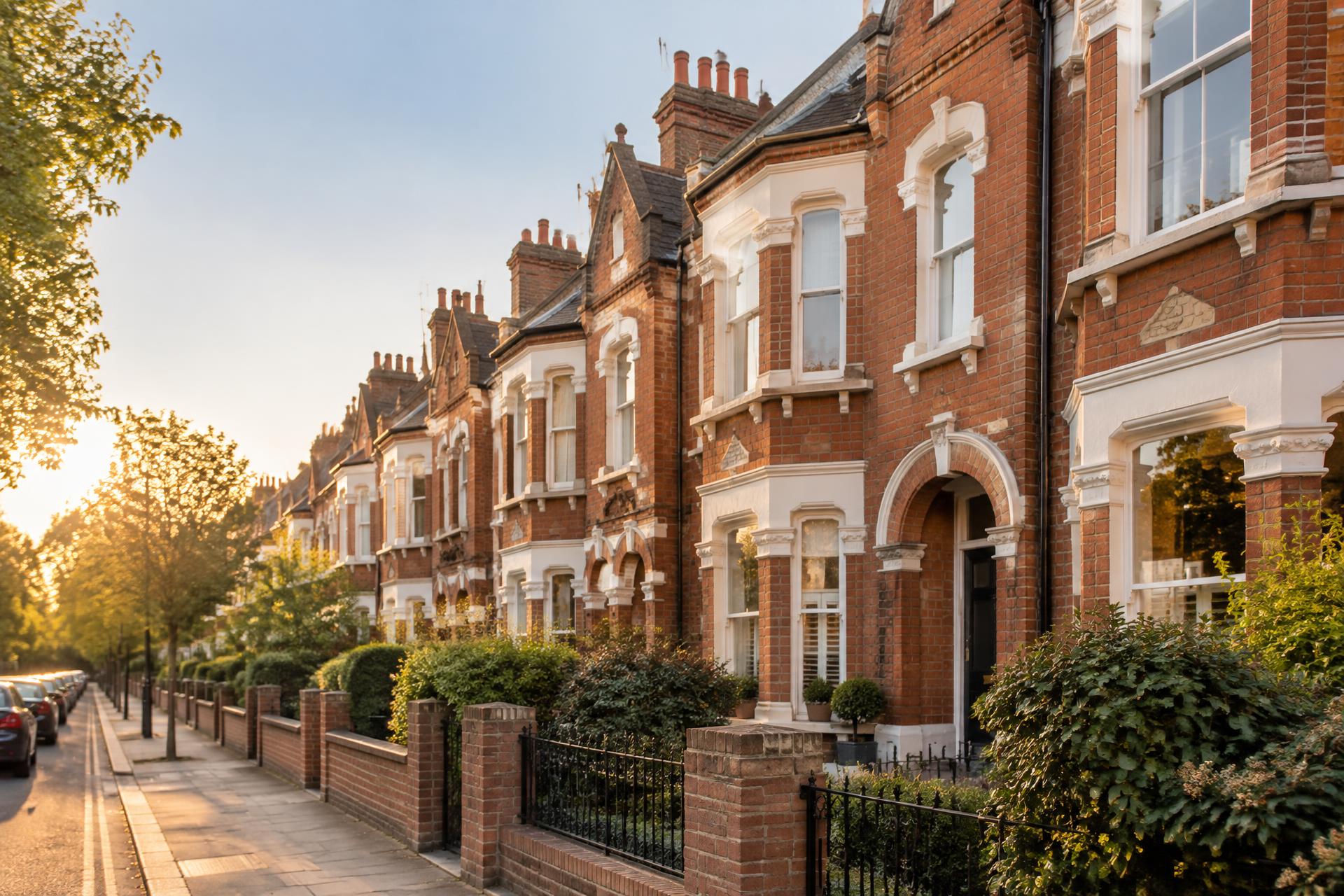 A row of British terraced houses at golden hour